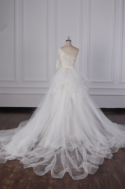 Glamorous Sheath Lace Tulle Wedding Dress, One-Shoulder with 3/4 Sleeve