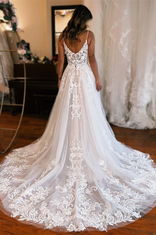 Spaghetti-Straps V-Neck Wedding Dress with Split and Lace