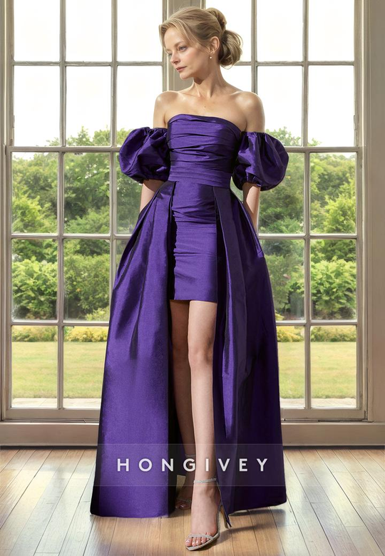 Satin Strapless Puff Sleeves with Detachable Overlay Mother of the Bride Dress