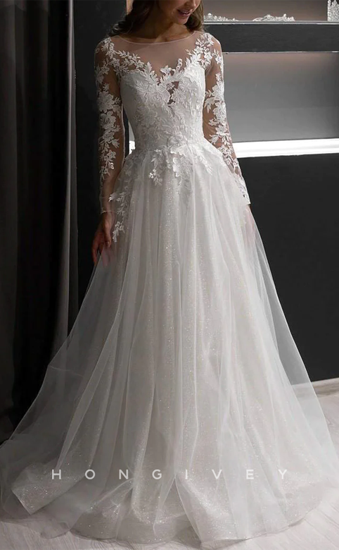 A-Line Scoop Long Sleeve Lace Applique Tulle Wedding Gown