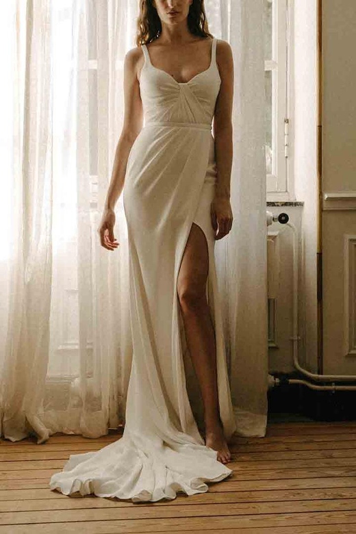 Elegant V-Neck Ruched Satin Sheath Long Wedding Dress with Slit