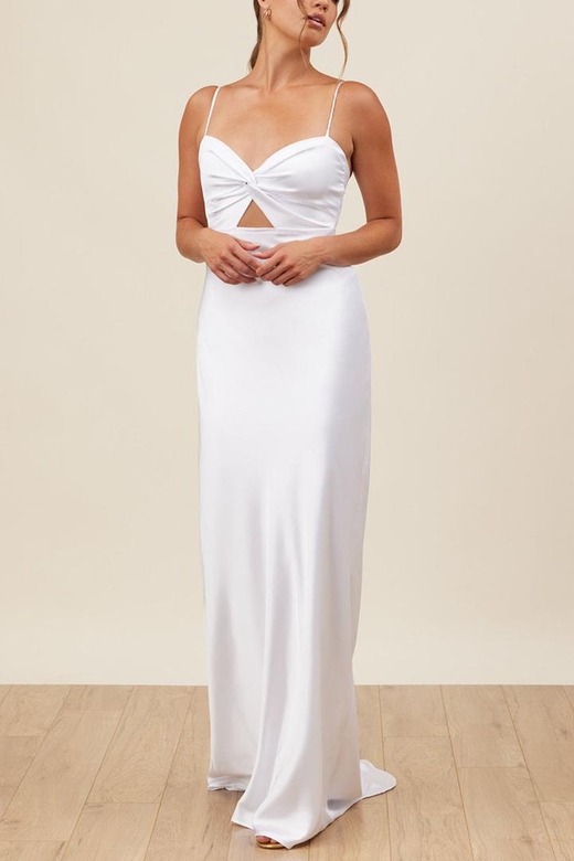 V-Neck Spaghetti Straps Cut Outs Satin Sheath Wedding Gown