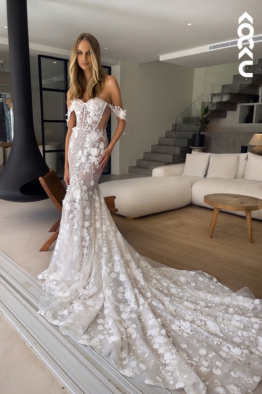 Off-Shoulder Lace Applique Long Mermaid Wedding Dress