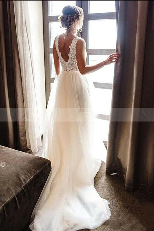 White/Ivory V-Neck Lace Tulle Bridal Dress A-Line Beach Gown