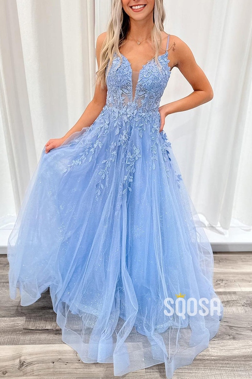 V-Neck Spaghetti Straps Appliques Tulle A-Line Prom Dress