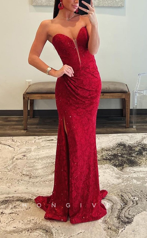 Sweetheart Strapless Beaded Appliques Dress with Side Slit