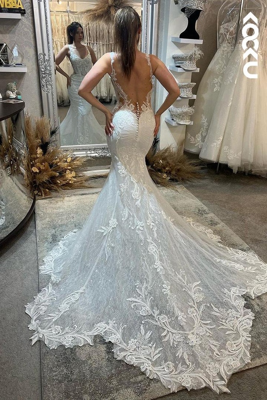 Sexy Mermaid Straps Backless Lace Wedding Dress with Court Train