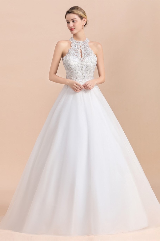 Exquisite High-Neck Lace Wedding Dress with Appliques