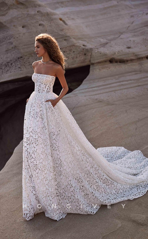 Fully Floral Foliage Motif Lace Wedding Dress with Train