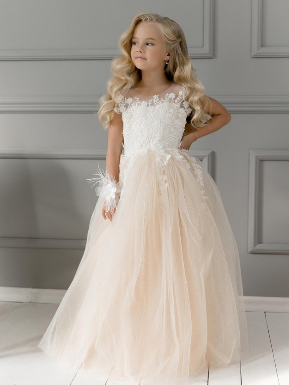 Champagne Shiny Sleeveless Ball Gown with Lace for Girls