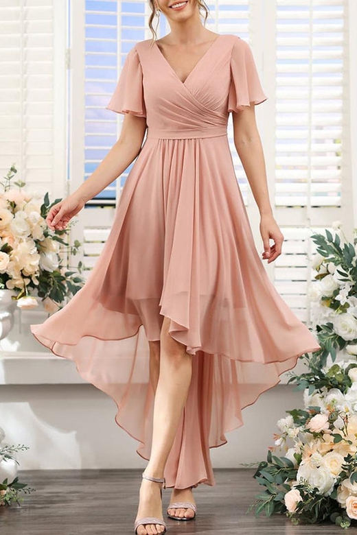 V-Neck Short Sleeves Ruched Chiffon High-Low Bridesmaid Dress