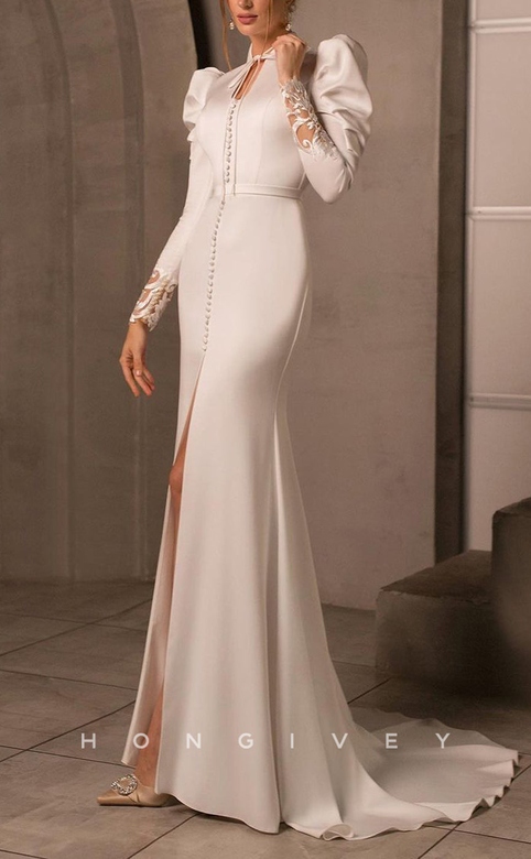 Sexy Satin Fitted Dress with High Neck, Long Sleeves, and Train