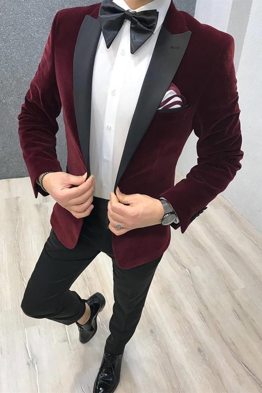 Two-Piece Burgundy Velvet Suit with Black Satin Lapel