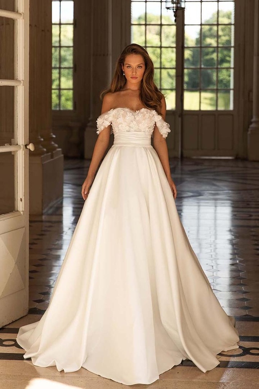 Off-Shoulder Sleeveless Appliqued Ruched Tulle Ball Gown