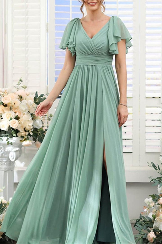 V-Neck Short Sleeves Ruched Chiffon A-Line Stylish Bridesmaid Dress