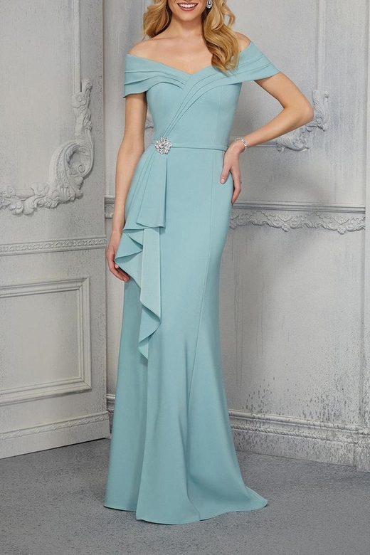 Off-Shoulder Ruched Beaded Satin Sheath Mother of Bride Gown