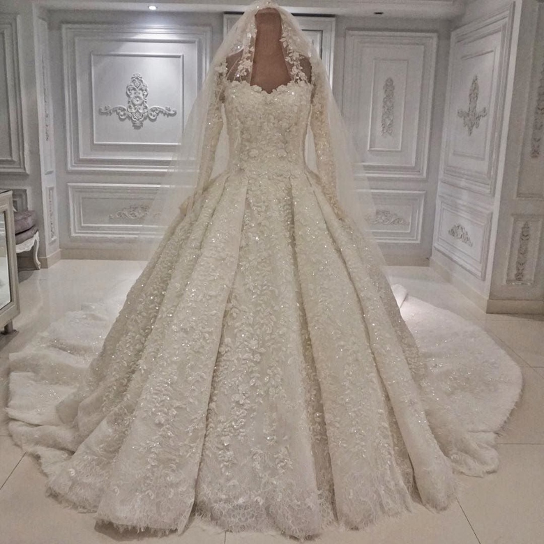 Unique A-Line Ruffles Lace Wedding Dress, Long-Sleeves Ivory