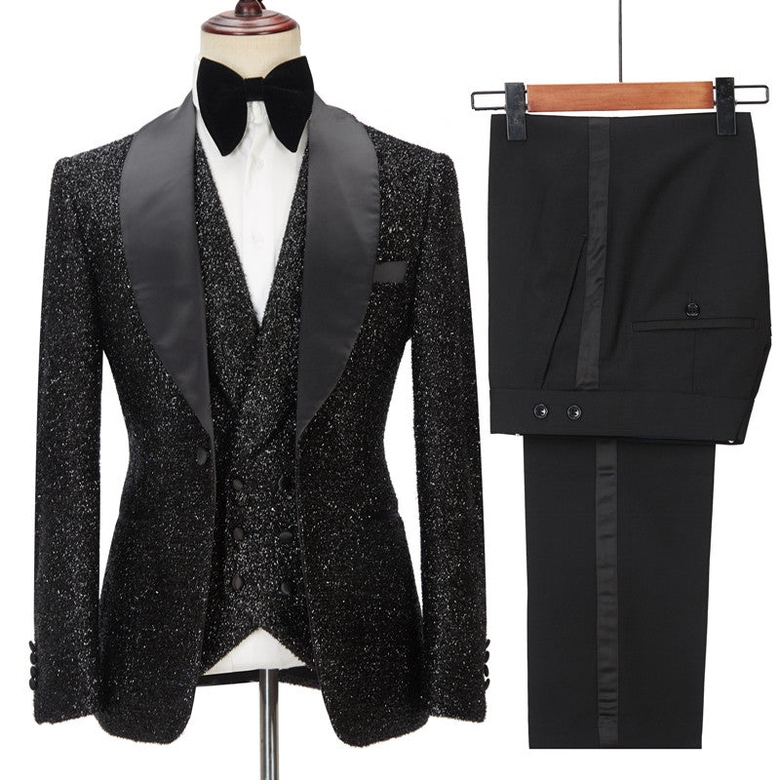 Sparkly Black 3-Piece Shawl Lapel Bespoke Wedding Suit