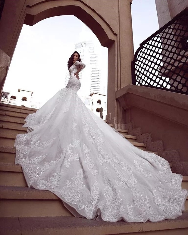 Cap Sleeves Mermaid Long Train White Wedding Dress Online