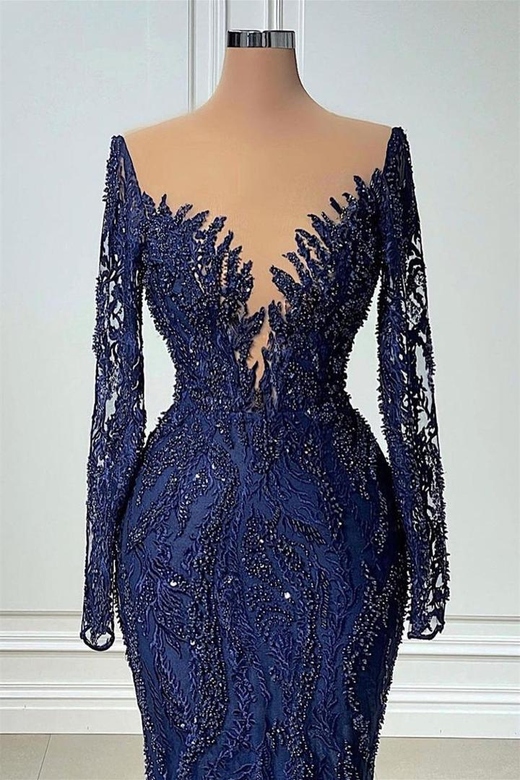 V-neck Mermaid Lace Floor-Length Dress, Long Sleeve & Sequined