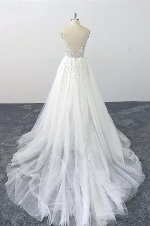 Sexy Spaghetti Straps Tulle Lace Wedding Dress with V-Neck, Ruffles, and Appliques