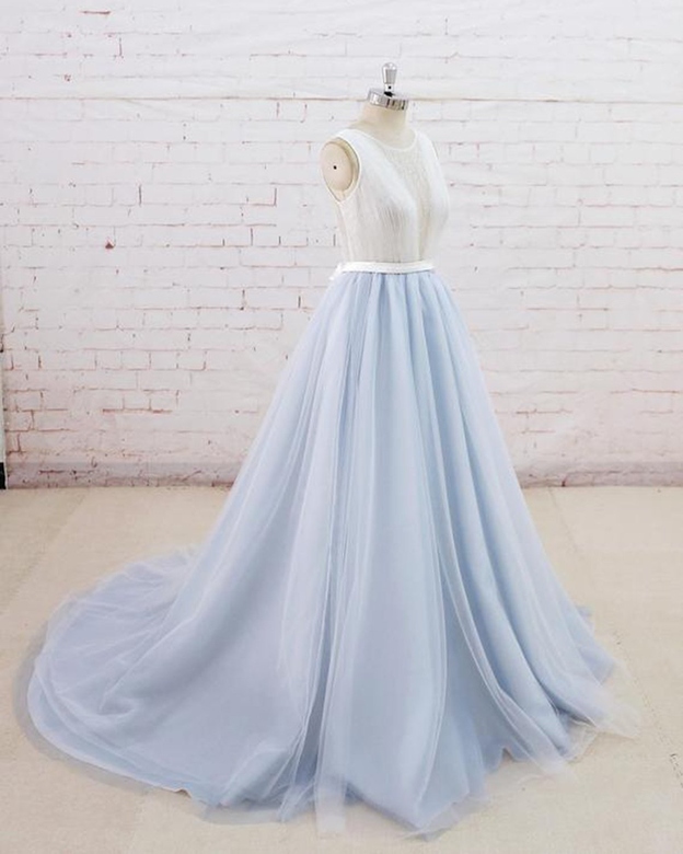 Gorgeous Light Blue Tulle Lace Gown with Sheer Back