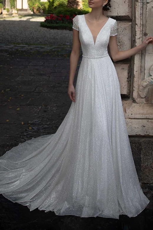 Low V-Neck Cap Sleeves Beaded Sparkly A-Line Long Gown