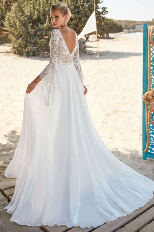 Exquisite Lace Panel V-Back Maxi Beach Wedding Gown