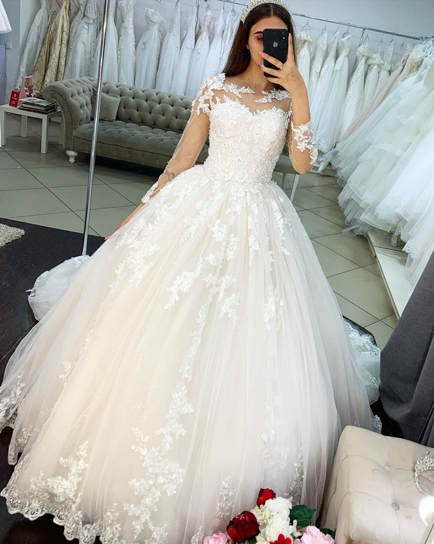 V-Neck Sleeveless Ball Gown Wedding Dress with Silver Detail