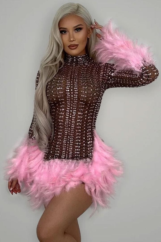 Pink Sparkly Rhinestone High Neck Sheer Mesh Feather Trim Party Mini Dress