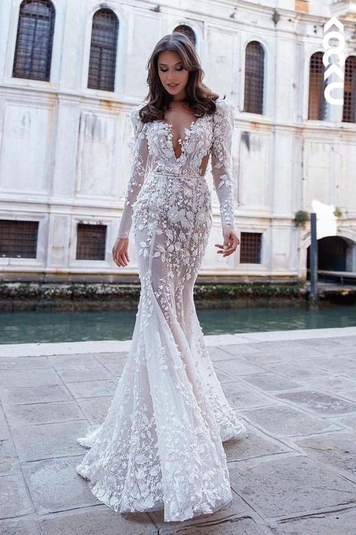 Charming Long-Sleeved V-Neck Mermaid Wedding Dress with Applique