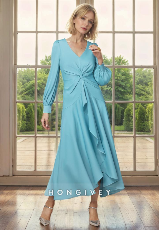 Elegant Chiffon A-Line V-Neck Long Sleeve Ruched MOB Gown