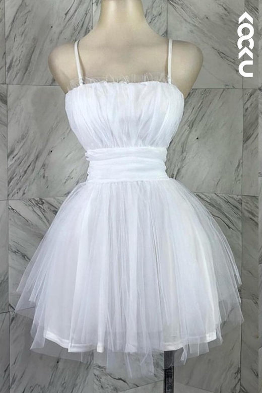 Simple Spaghetti Straps Ruched Tulle A-Line Mini Homecoming Gown