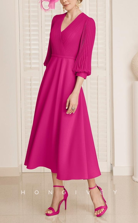 Glamorous Satin A-Line V-Neck 3/4 Sleeves Ruched Mother's Gown