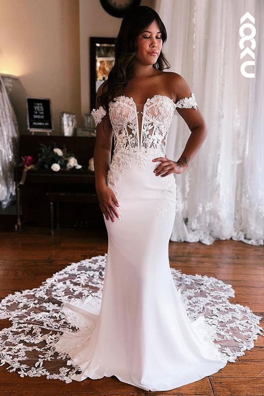 Charming Off-Shoulder Cap Sleeves Mermaid Trumpet Lace Wedding Dress