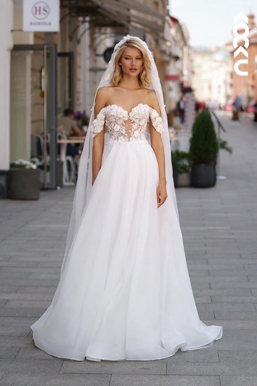 Couture & Ornate Off-Shoulder A-Line Side Slit Satin Wedding Gown