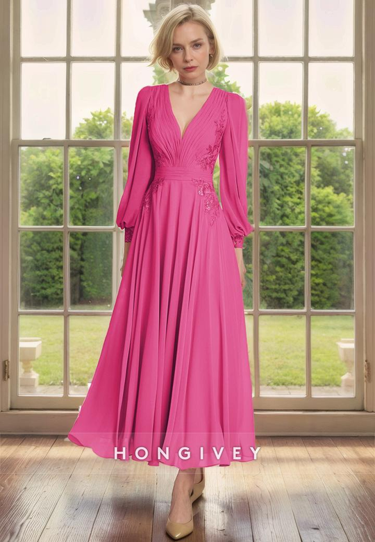 A-Line V-Neck Long Sleeve Appliques Chiffon Mother-of-the-Bride Gown