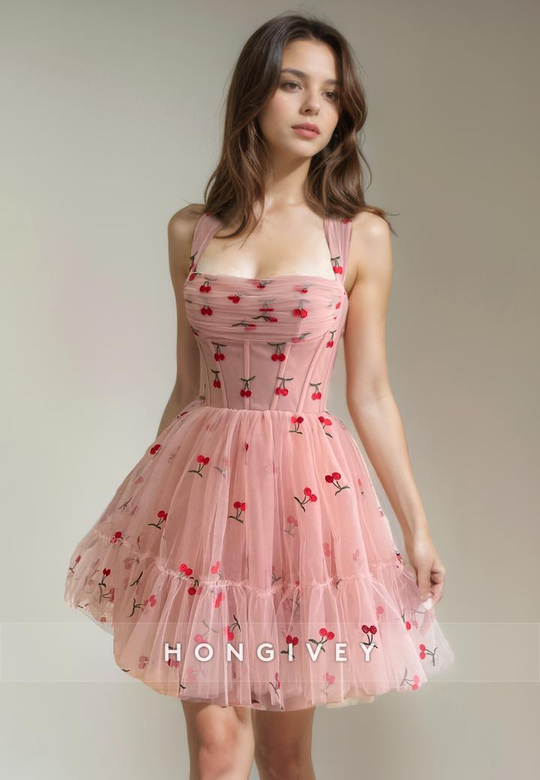 Tulle A-Line Square Neckline Spaghetti Straps Appliques Short Party Dress