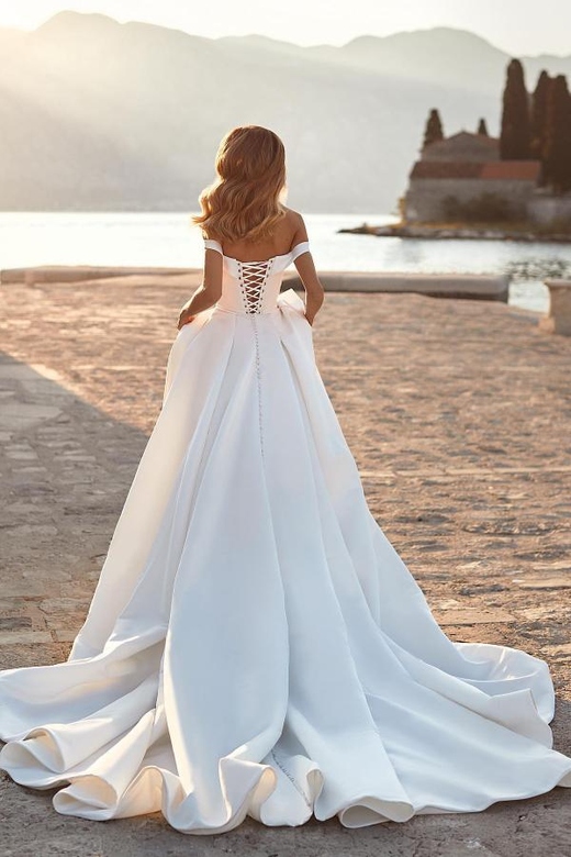 Off-the-Shoulder Long Princess Satin Wedding Dress