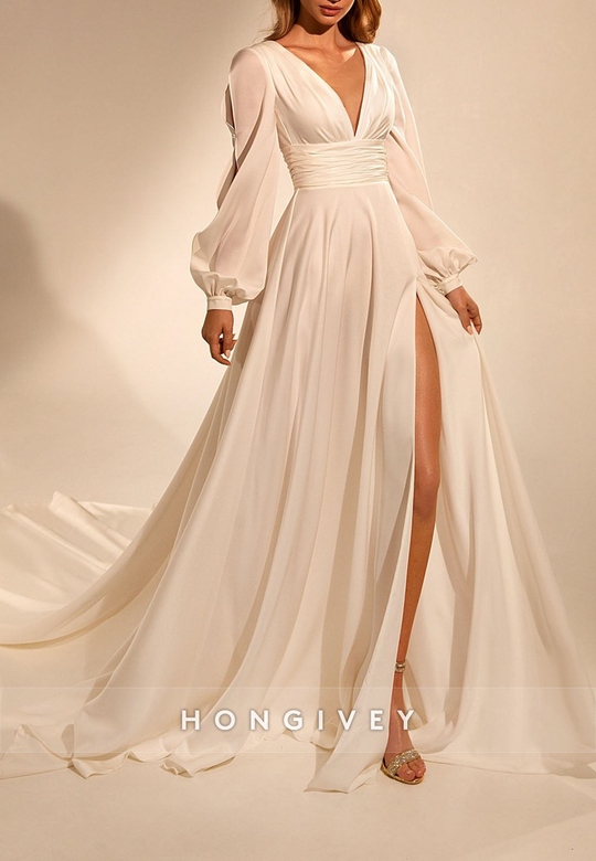 Sheer A-Line V-Neck Long Sleeve Beach Wedding Dress