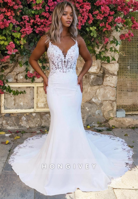 Trumpet V-neck Spaghetti Straps Lace Wedding Gown