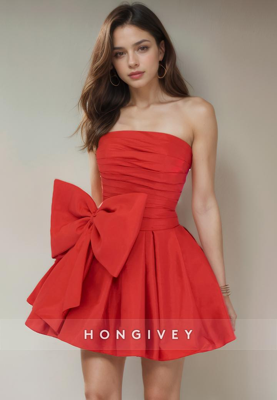 Satin A-Line Strapless Bowknot Short Party Homecoming Gown