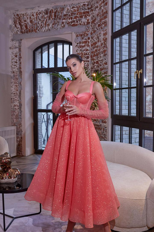 Sweetheart Long Sleeves Sequined Satin A-Line Midi Evening Gown