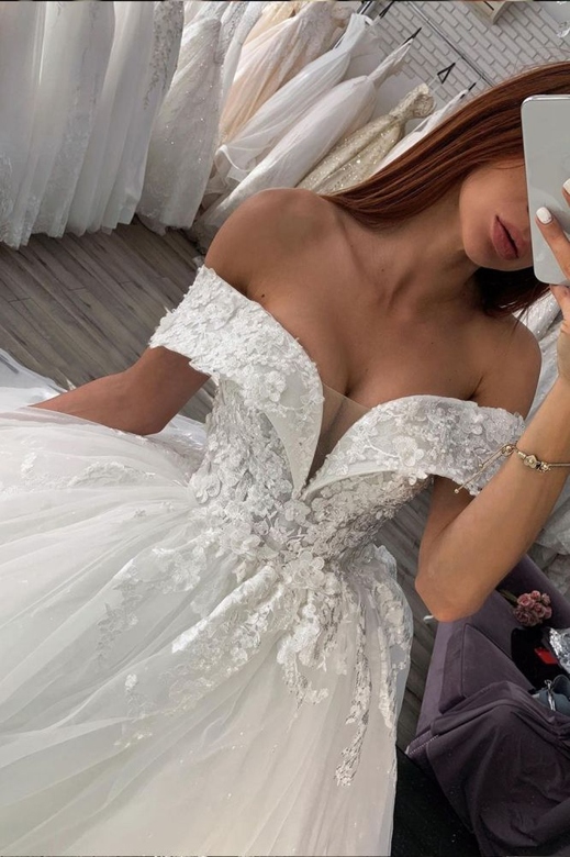 Amazing Off-Shoulder White/Ivory Floral Lace Spring Bridal Gown