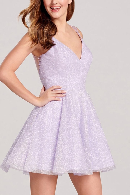 Sparkly V-Neck Appliqued Tulle Satin A-Line Mini Homecoming Gown