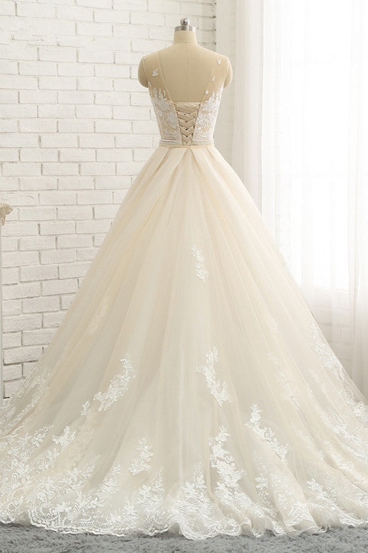 Glamorous Tulle Champagne Gown, Appliques & Overskirt Design