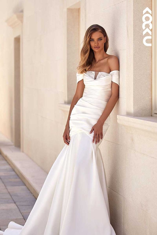 Off-Shoulder Beaded Ruched Mermaid Long Wedding Gown