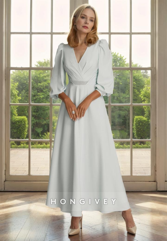 A-Line V-Neck 3/4 Sleeves Beaded Belt Mother-of-the-Bride Outfit