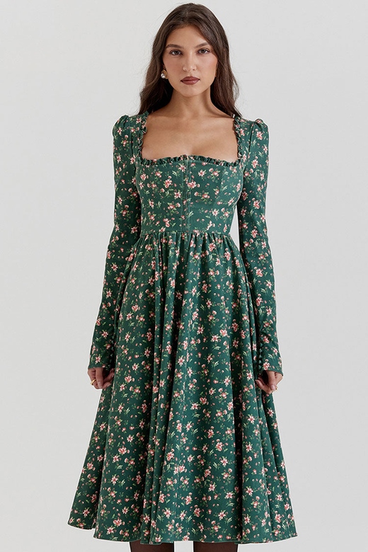 Vintage Ruffled Square Neck Puff Sleeve Midi Dress Emerald