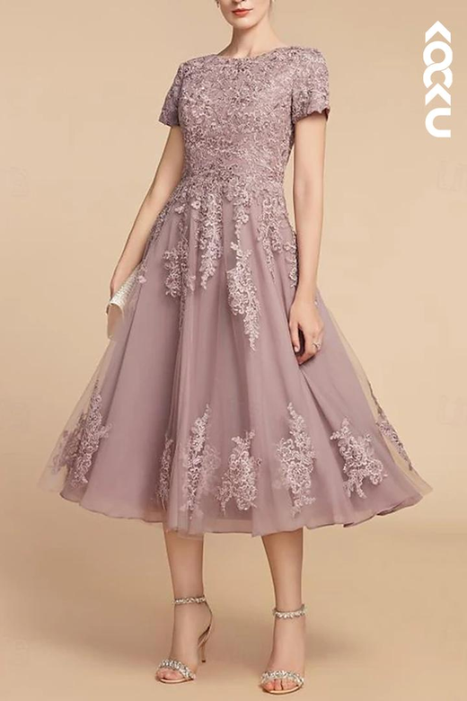 Gorgeous & Charming Short Sleeves Lace Applique Chiffon Mother of the Bride Dress